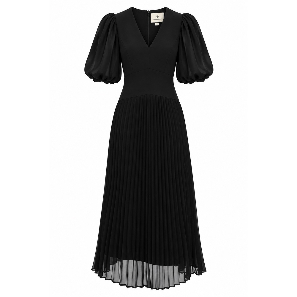 NWT $278 Tuckernuck Black Drapey Twill Raquel Pleated Dress Sz L Elegant Evening